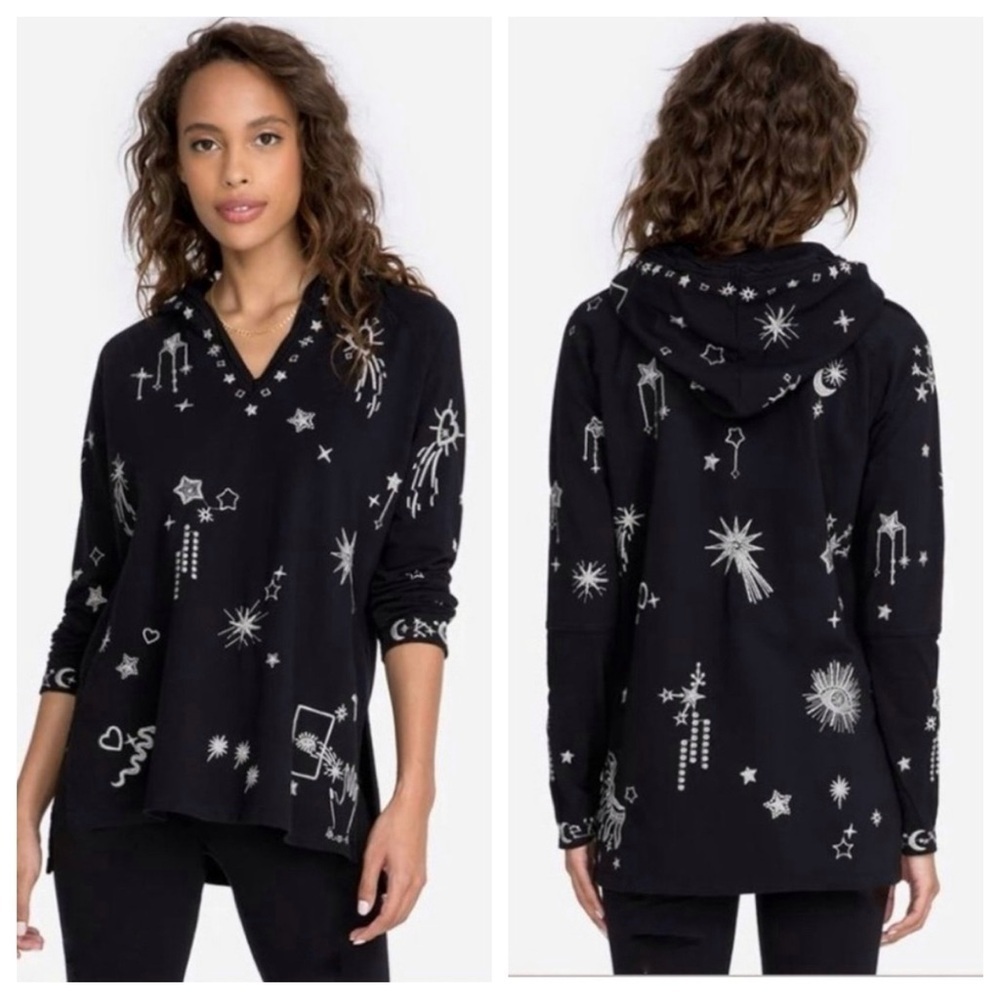 Johnny Was hoodie tunic black embroidered star moon sun celestial XS Angol Beach